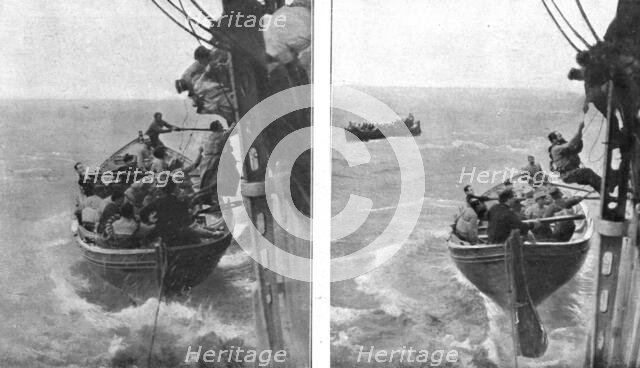 At sea; Shipwreck survivors hoist themselves aboard the lifeboat', 1917. Creator: Unknown.