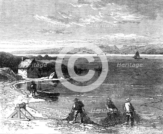 Salmon-fishing on the River Tay: drawing in, 1862. Creator: Unknown.