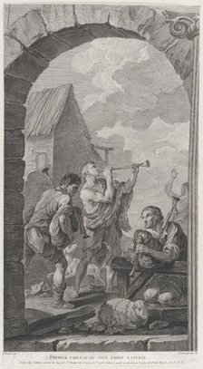 The Chapel of the Enfants-Trouvés in Paris: Groupe des bergers: joueurs de trompes et de m..., 1754. Creator: Etienne Fessard.