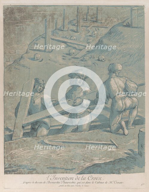 The invention of the cross; three men lifting a cross from a trench; from 'Recueil ..., ca. 1729-64. Creator: Nicolas Le Sueur.