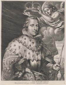 Plate 2: Portrait of Philip IV, King of Spain, being crowned; from Guillielmus Becanus's '..., 1636. Creators: Johannes Meursius, Willem van der Beke.