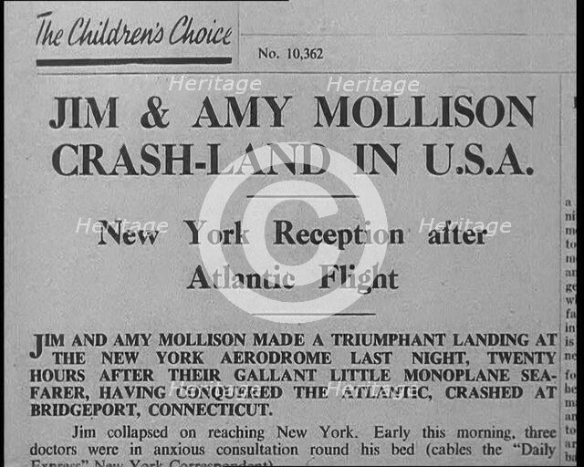 Newspaper Article with Headline Reading: 'Jim & Amy Mollison Crash-land in U.S.A..., 1933. Creator: British Pathe Ltd.