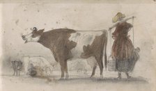 Pasture with cows and a farmer's wife with a yoke, 1864-1880. Creator: Johannes Tavenraat.