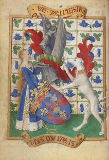 Coat of Arms Held by a Woman and a Greyhound; Hours of Simon de Varie, 1455. Creator: Jean Fouquet.