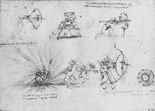 'Studies of Shields for Protecting Foot Soldiers and of a Bomb exploding',c1480 (1945). Artist: Leonardo da Vinci.