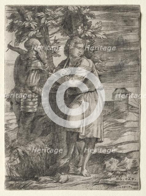 Shepherd and Old Warrior, 1517. Creator: Domenico Campagnola (Italian, 1500-1564).