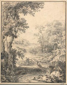 River Landscape with Two Figures in Foreground, Castle in Distance, n.d. Creator: Abraham Genoels II.