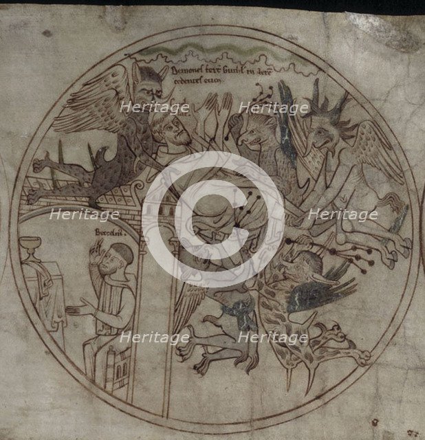 Demons attack Guthlac (Manuscript The life of Saint Guthlac), Early 12th century. Artist: Anonymous  