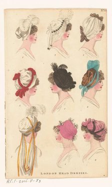 Magazine of Female Fashions of London and Paris, No. 33: London Head Dresses., 1798-1806. Creator: Unknown.
