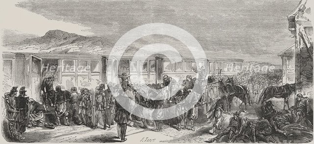 Italy-Austria War of 1859. Austrian soldiers wounded in the Battle of Montebello transported  by …