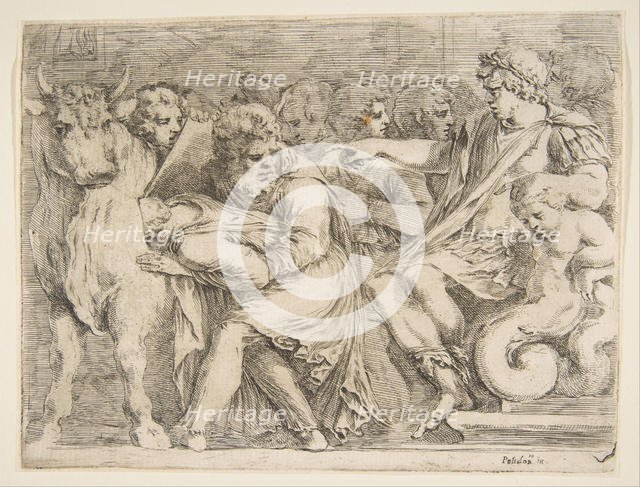 Phalaris Having Perillus Thrown into the Bronze Bull, 17th century. Creator: Stefano della Bella.