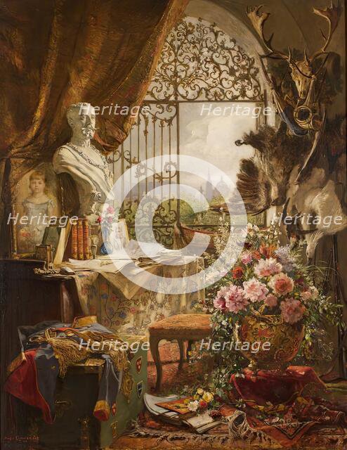 Still life with bust of Crown Prince Rudolf, 1890. Creator: Hugo Charlemont.