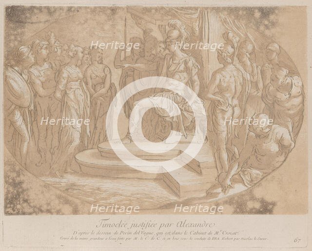 Alexander the Great freeing Timoclea; from 'Recueil d'estampes d'après les plus bea..., ca. 1729-40. Creators: Caylus, Anne-Claude-Philippe de, Nicolas Le Sueur.