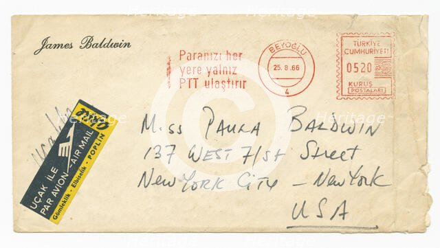 Envelope addressed to Paula Baldwin from James Baldwin, August 25, 1966. Creator: Unknown.