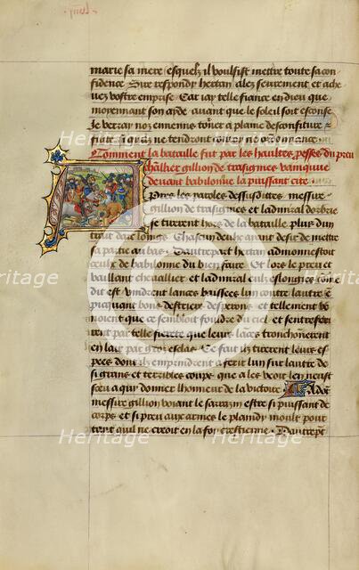 Initial A: Gillion Defeating the Army of the Emir of Orbrie; Roman de Gillion de Trazegnies, 1464. Creators: Lieven van Lathem, David Aubert.