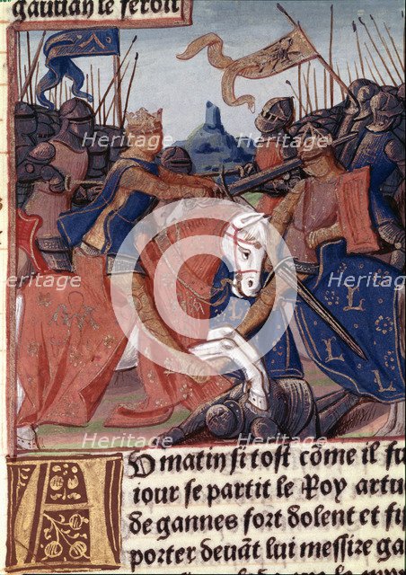 King Arthur and the Knights of the Round Table fighting the Saxons, miniature in the incunable 'L…
