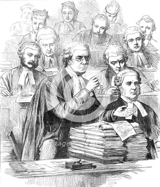 The Tichborne Trial: Mr. Hawkins addressing the jury, 1874. Creator: Unknown.