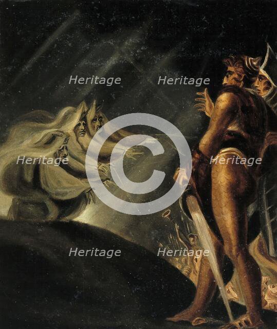 Macbeth and Banquo meet the three witches on a heath; scene from 'Macbeth', 19th century? Creator: Unknown.