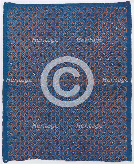 Blue sheet with two borders with a white floral and lace pattern, la..., late 18th-mid-19th century. Creator: Anon.