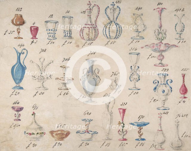 One of Twenty-Three Sheets of Drawings of Glassware (Mirrors, Chandeliers, Goblets, etc.), 1850-80. Creator: Compagnia di Venezia & Murano.