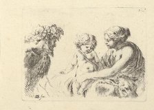 Plate 6: a woman at right holding her child who is sitting atop a donkey, a satyr at l..., ca. 1646. Creator: Stefano della Bella.