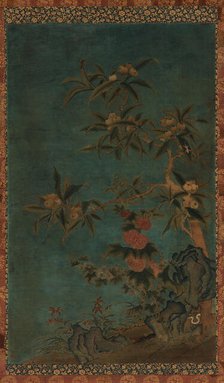 Tapestry: fruit trees and hollyhocks, Ming dynasty, 1368-1644. Creator: Unknown.