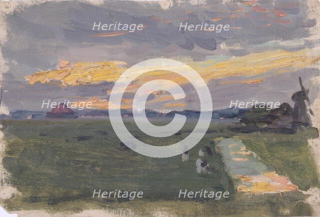 Study of a landscape at sunset with windmill, mid-late 1870s. Creator: George Clausen.