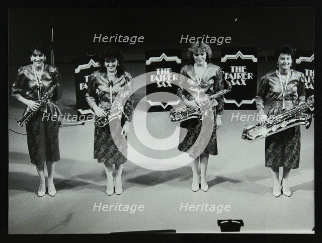 All-female quartet The Fairer Sax on stage at the Forum Theatre, Hatfield, Hertfordshire, 1987. Artist: Denis Williams