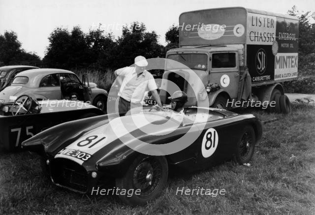 Lister Bristol with Archie Scott Brown and Brian Lister in paddock 1954. Creator: Unknown.
