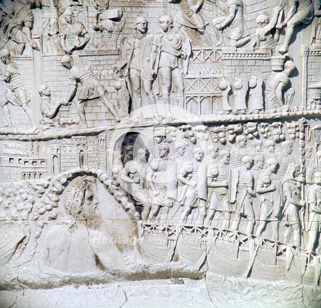 Scene from Trajan's column, River Tiber personified and pontoon bridge, 2nd century. Artist: Unknown