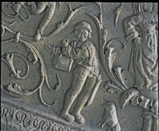 Stairway of the Senior Schools of the University of Salamanca. Detail of the relief of a musician…