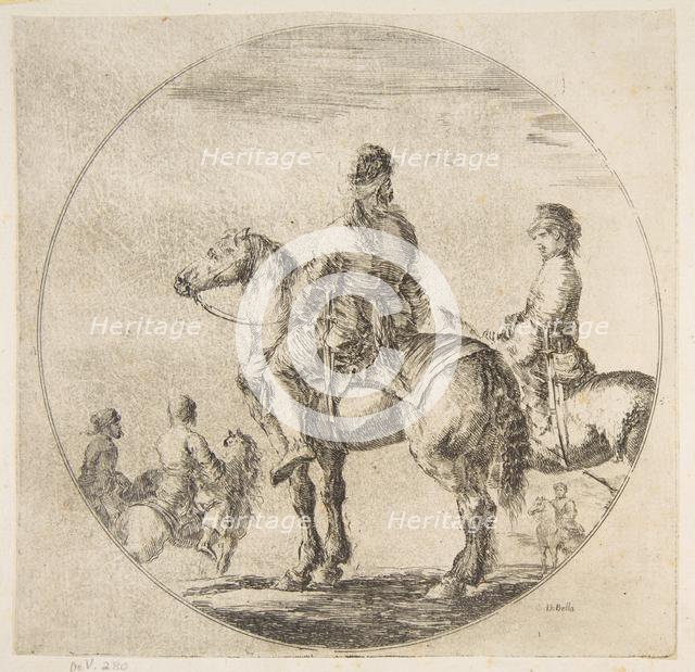 Two Polish horsemen with their horses facing left, from 'Figures on Horseback' (Cavali..., ca. 1651. Creator: Stefano della Bella.