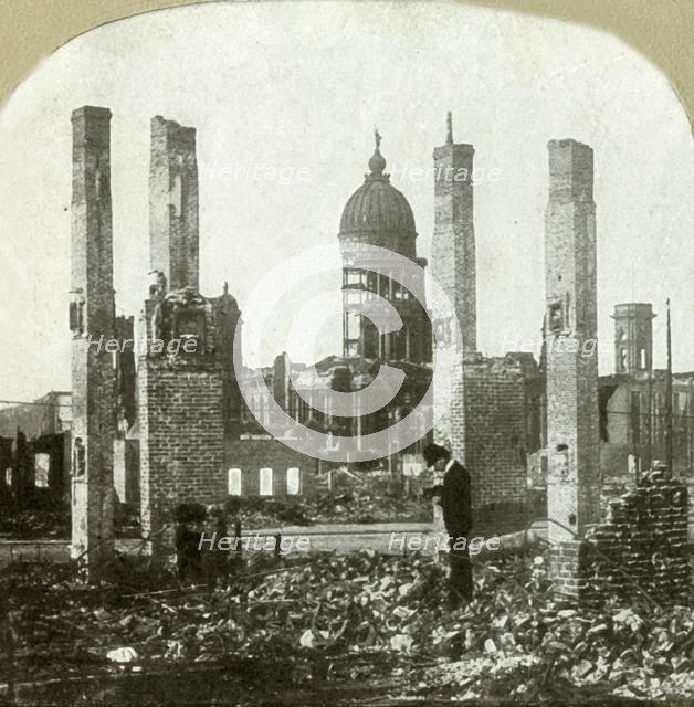 'City Hall - Photographer in foreground - Tall brick chimneys left standing', . Creator: Unknown.