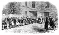The Cotton Famine: operatives waiting for their breakfast in Mr. Chapman's courtyard..., 1862. Creator: Unknown.