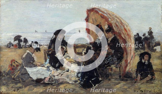 Sur la plage de Trouville à l'abri du parasol, 1885. Creator: Boudin, Eugène-Louis (1824-1898).