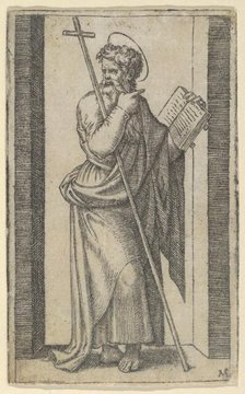 Saint Philip, book in his left hand, staff resting on his left arm, from the seri..., ca. 1500-1527. Creator: Marcantonio Raimondi.