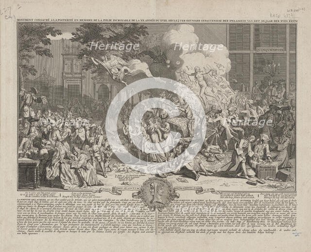 Monument consacré a la Posterité en memoire de la fole incroyable de la XX année du XVIII..., 1720. Creator: Bernard Picart.