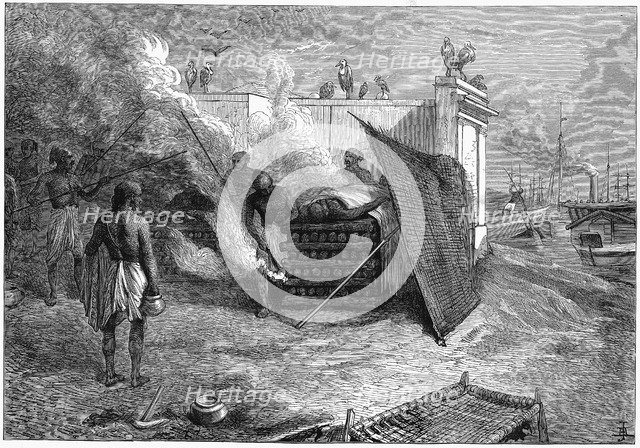 Cremation of the dead on funeral pyres, Calcutta, India, 1879. Artist: Unknown