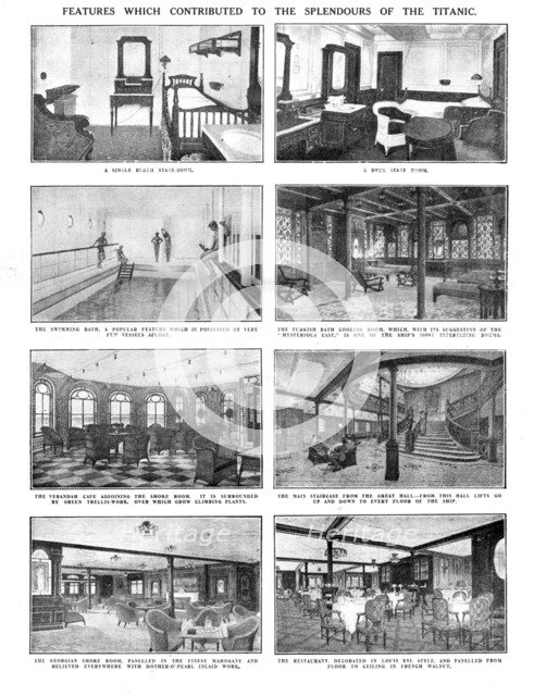 'Features which Contributed to the Splendours of the Titanic', April 20, 1912. Creator: Unknown.