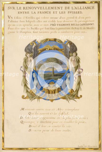 Escutcheon with a Landscape; Three Emblems for Louis XIV, about 1663-1668. Creator: Jacques Bailly.