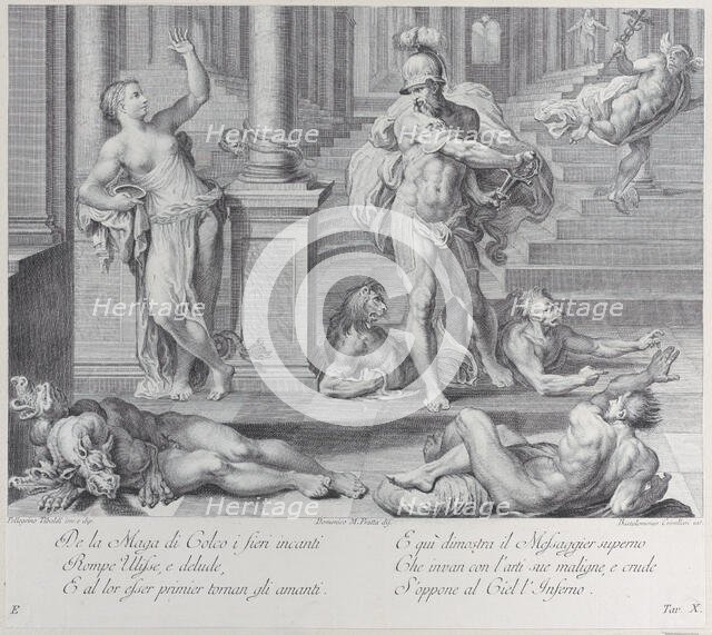 Plate 10: Ulysses compelling Circe to restore his companions' human shapes, which she had ..., 1756. Creators: Bartolomeo Crivellari, Domenico Maria Fratta.