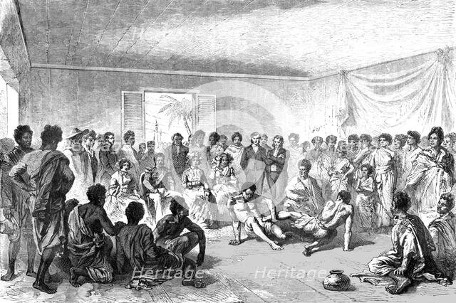 'Wrestling Match before the Court of Tananarivo; Recent Explorations in Madagascar', 1875. Creator: Alfred Grandidier.