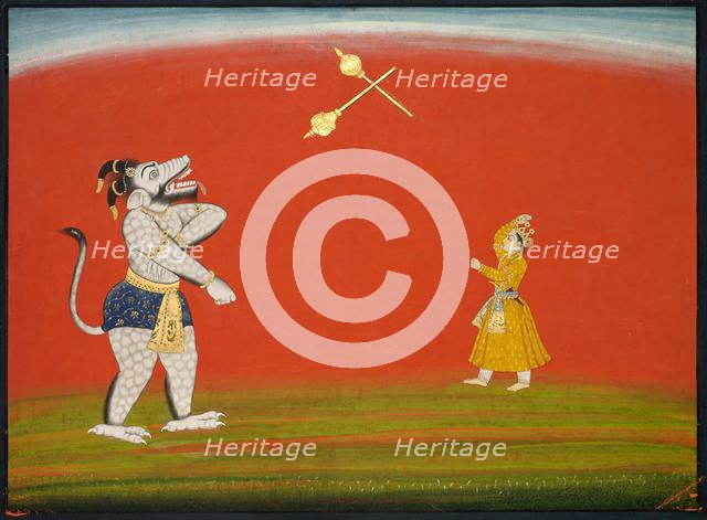 Pradyumna and Samvara fight with maces: Leaf from the "Large Basohli Bhagavata Purana", c. 1760-1765 Creator: Unknown.