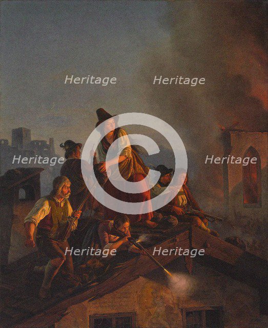 A Tyrolean peasant family defends their house against attacking soldiers. (Scene from the 1809 Tyrol