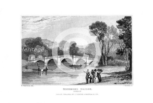 Richmond Bridge, London, 1829.Artist: J Rogers
