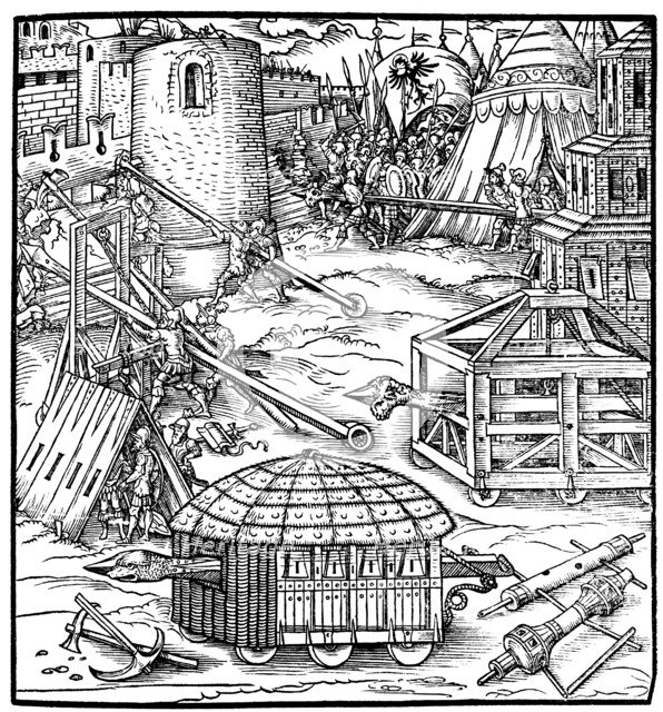 Various forms of siege equipment, including battering rams, 1547. Artist: Unknown