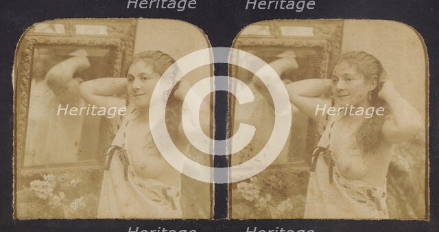 Woman before mirror with hands behind head, one breast exposed, 1855-1860. Creator: Unknown.