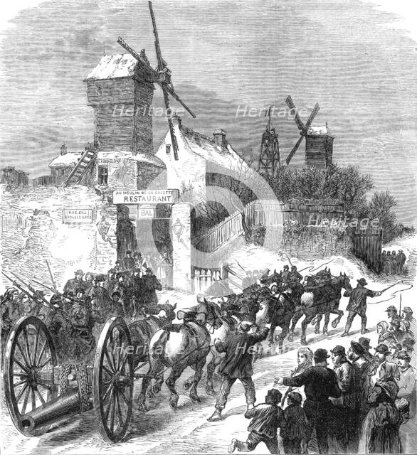 Bringing up ship guns at the Buttes Montmartre, Paris, (sketch by balloon post), 1871. Creator: Unknown.