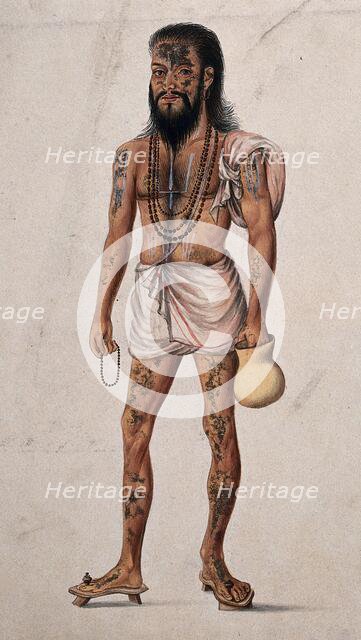 A Hindu ascetic man (sadhu) with beads around his neck is carrying a begging jar and prayer beads. Creator: Unknown.