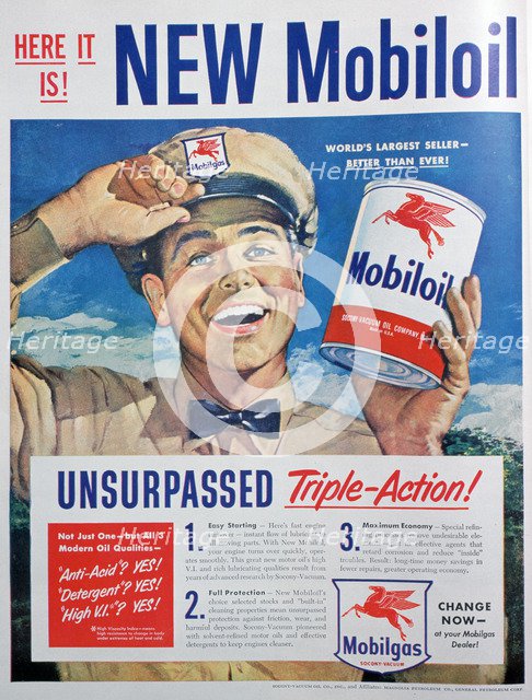Mobiloil motor oil advert, 1949. Artist: Unknown